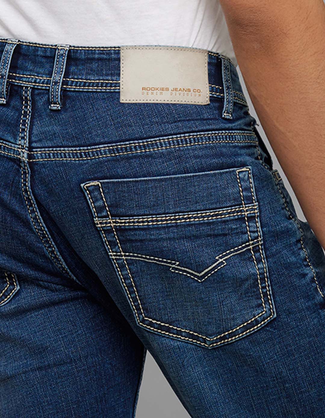 Medium Blue Mid-Rise Slim Straight Fit Stretch Jeans - Image 6