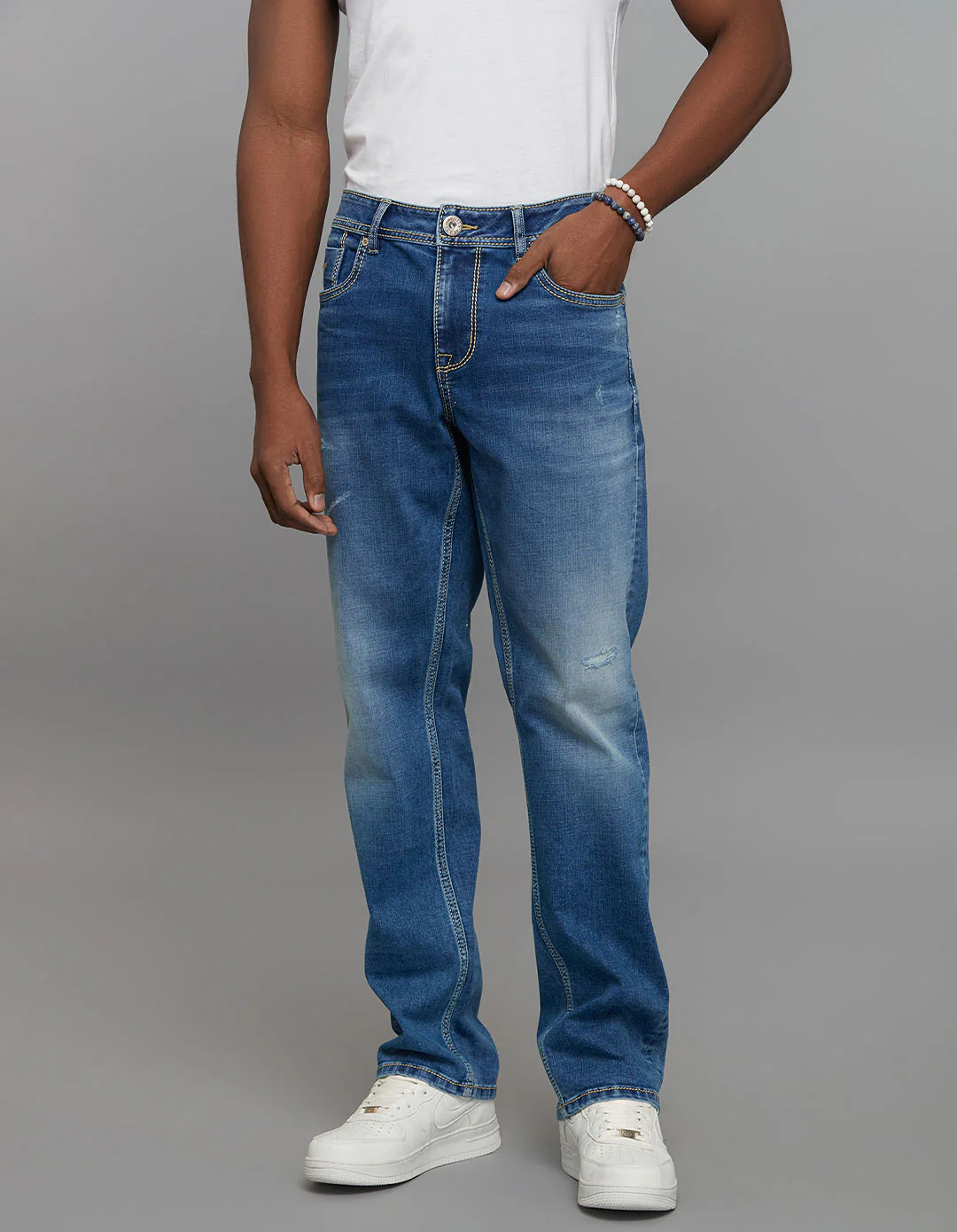 Medium Blue Midrise, Comfort And Straight Fit Stretch Jeans