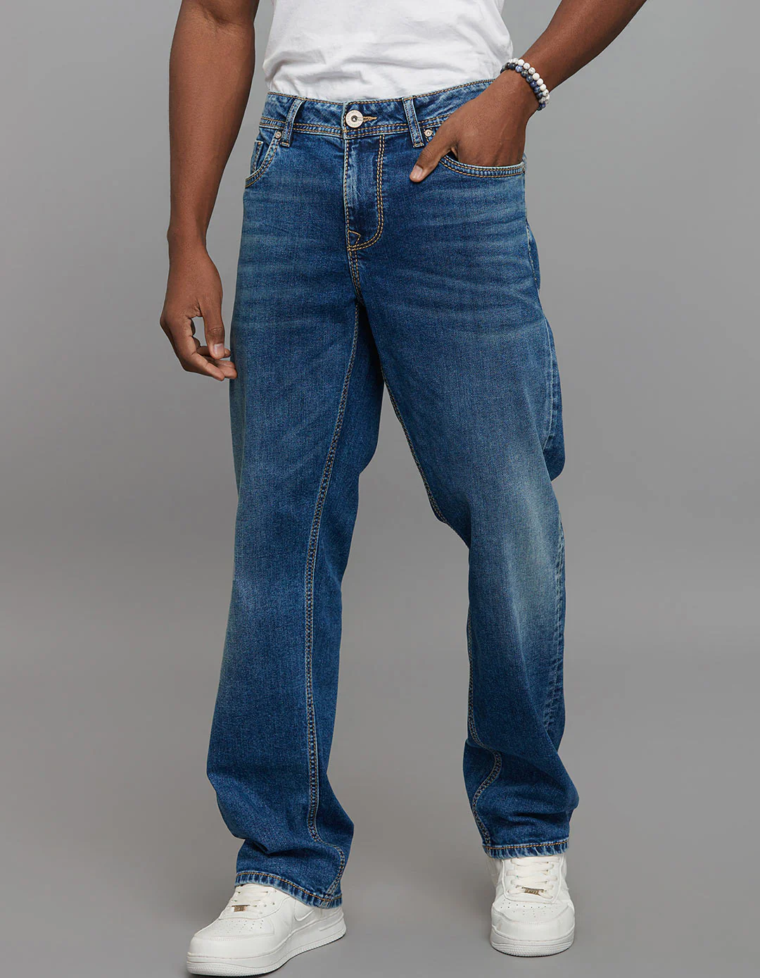 Medium Blue Midrise, Comfort And Straight Fit Stretch Jeans