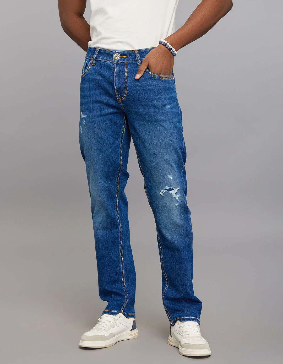 Medium Blue Midrise, Comfort And Straight Fit Stretch Jeans