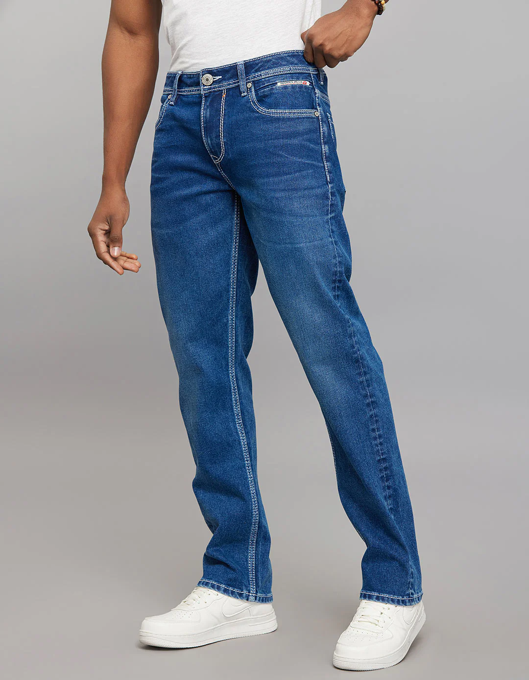 Medium Blue Midrise, Comfort And Straight Fit Stretch Jeans - Image 3