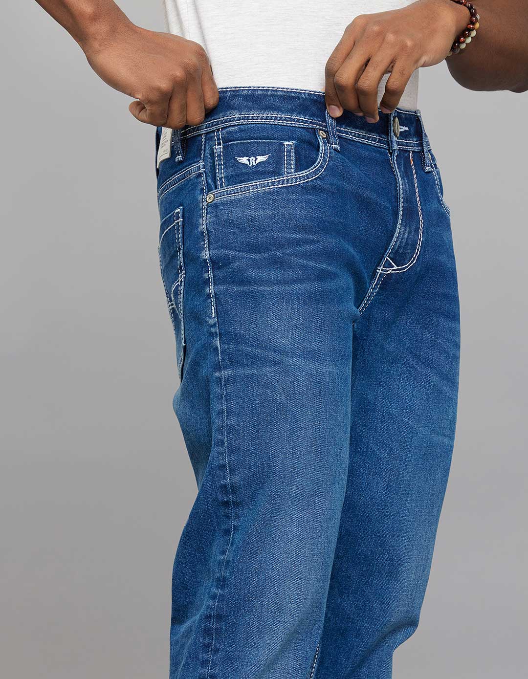 Medium Blue Midrise, Comfort And Straight Fit Stretch Jeans - Image 5