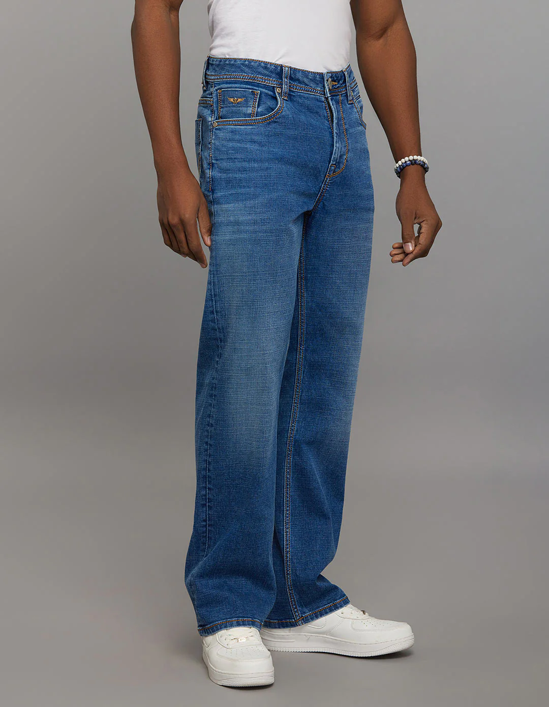 Medium Blue Midrise Loose Fit Stretch Jeans - Image 4