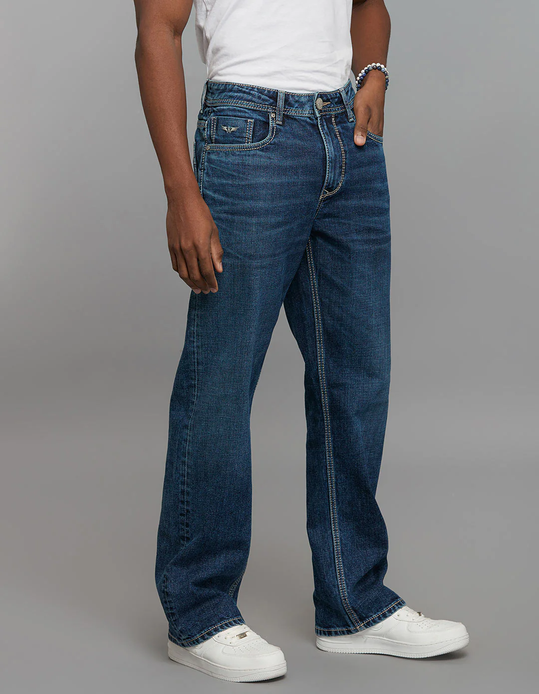 Medium Blue Midrise Loose Fit Stretch Jeans - Image 4