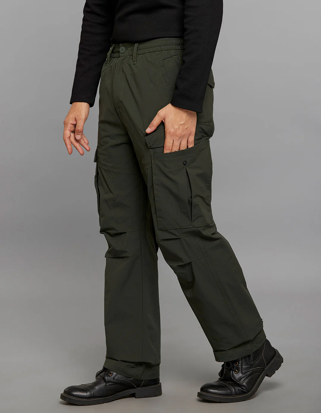 Military Green Comfort Straight Fit 100% Polyestor Cargo Pants - Image 5