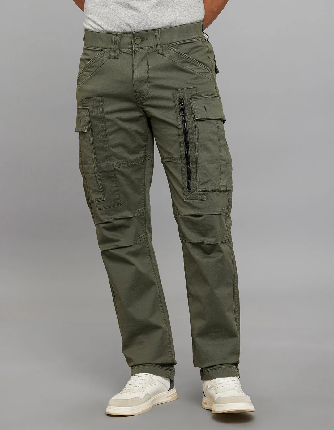 Military Green Comfort Straight Fit Stretch Cargo Pants