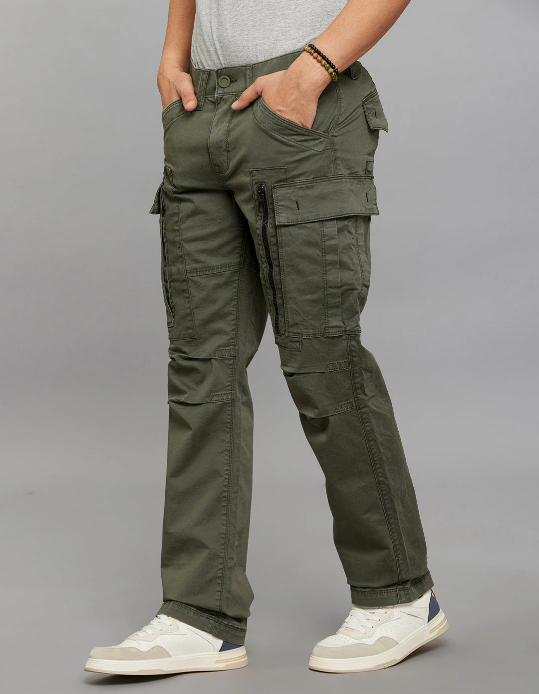 Military Green Comfort Straight Fit Stretch Cargo Pants - Image 2
