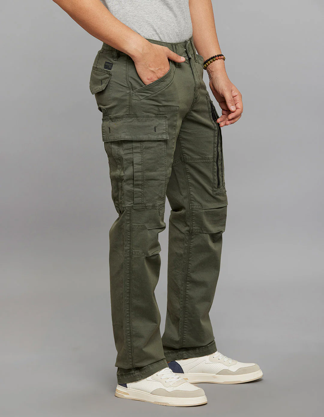 Military Green Comfort Straight Fit Stretch Cargo Pants - Image 3
