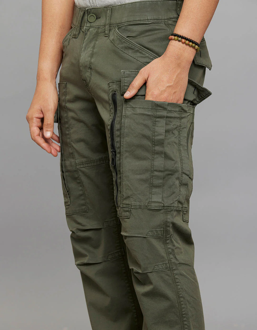 Military Green Comfort Straight Fit Stretch Cargo Pants - Image 4