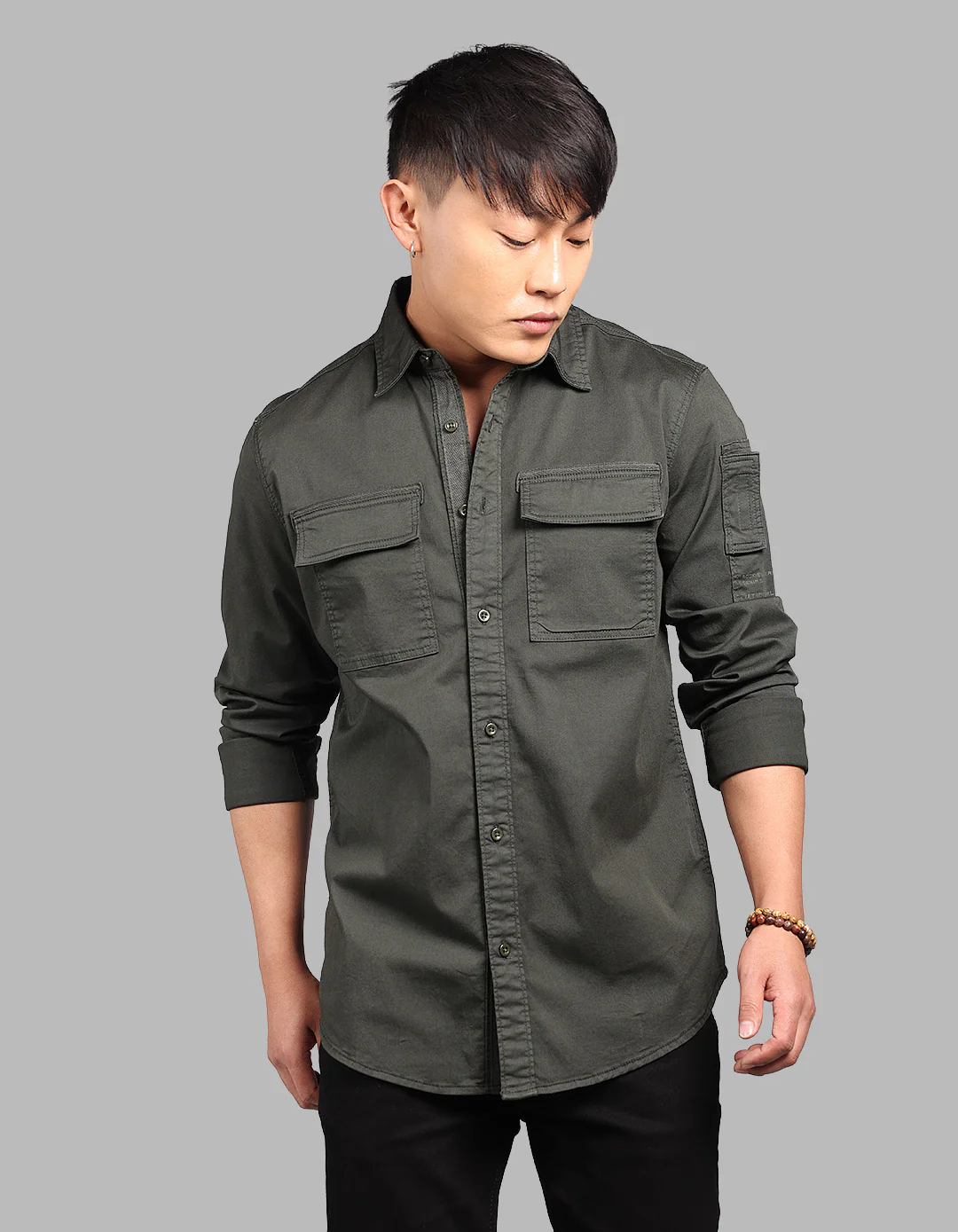 Military Green Full Sleeve Stretch Cargo Shirt
