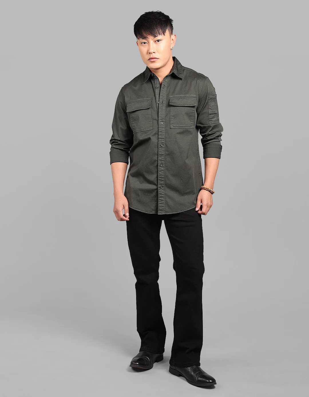 Military Green Full Sleeve Stretch Cargo Shirt - Image 2