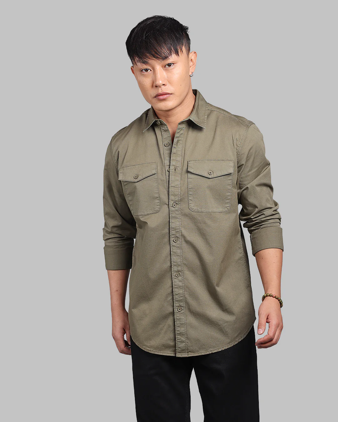 Military Green Full Sleeve Stretch Cargo Shirt