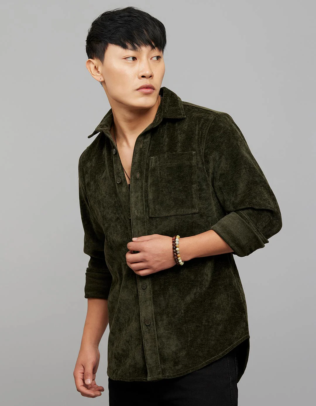 Military Green Full Sleeves Button Front Closure Shacket - Image 3