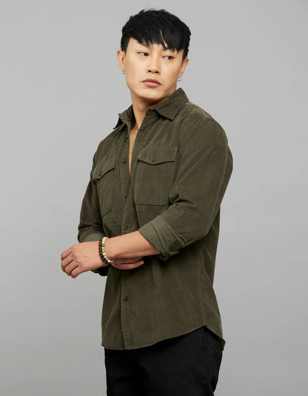 Military Green 100% Cotton Full Sleeves Corduroy Shirt - Image 3