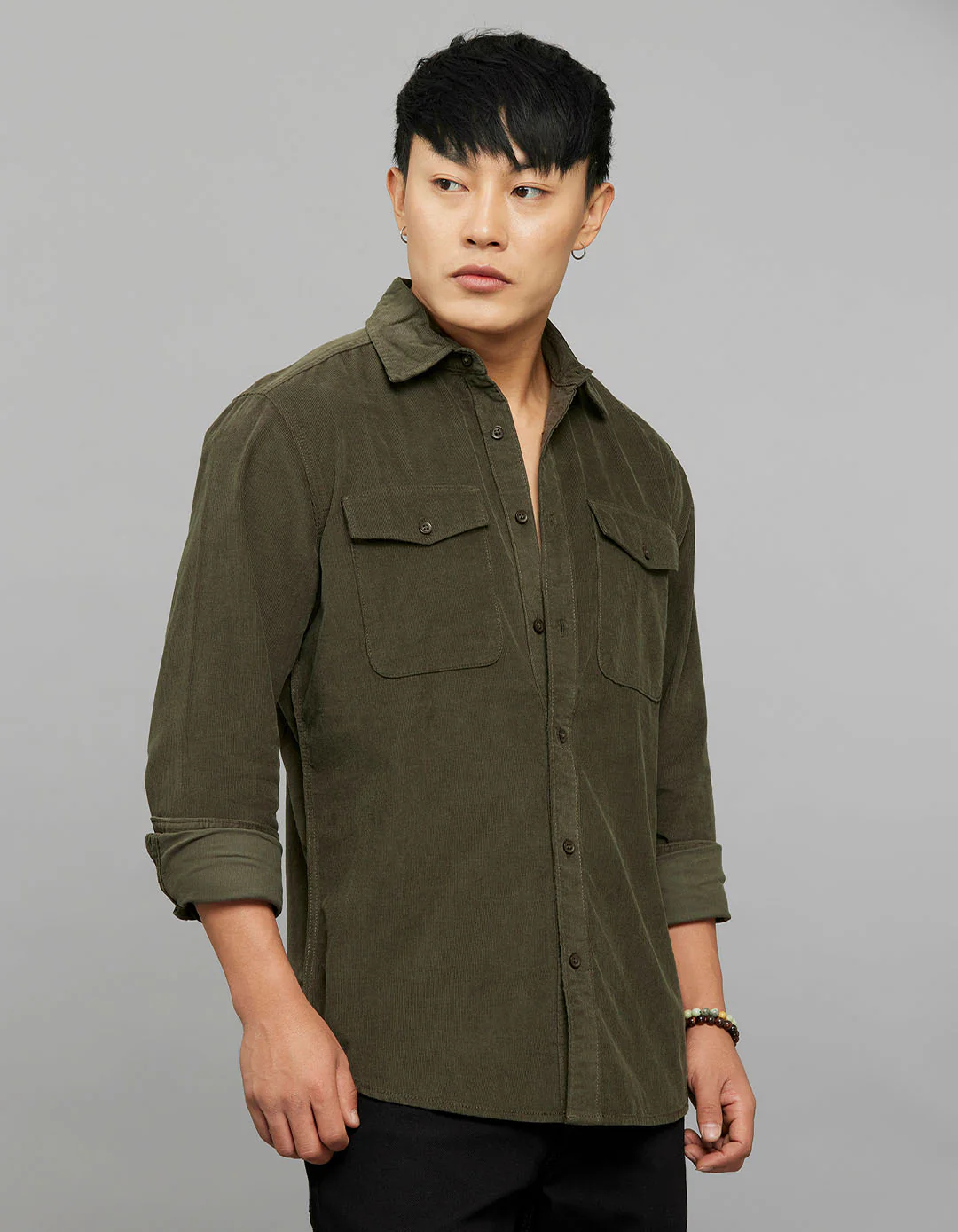Military Green 100% Cotton Full Sleeves Corduroy Shirt - Image 4