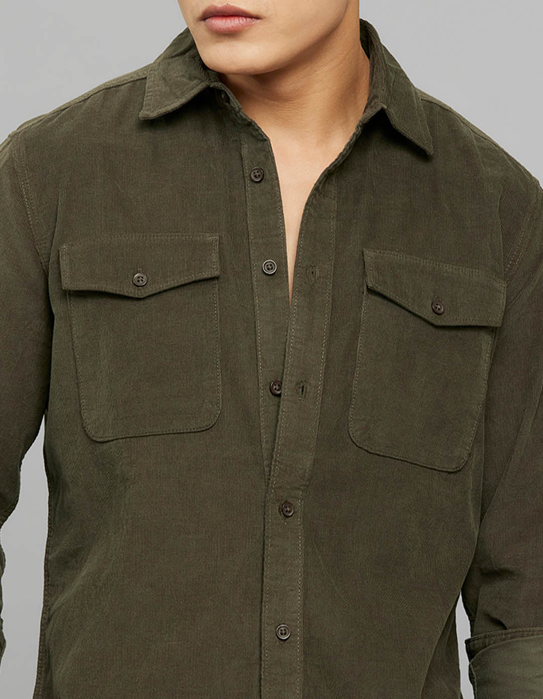 Military Green 100% Cotton Full Sleeves Corduroy Shirt - Image 7