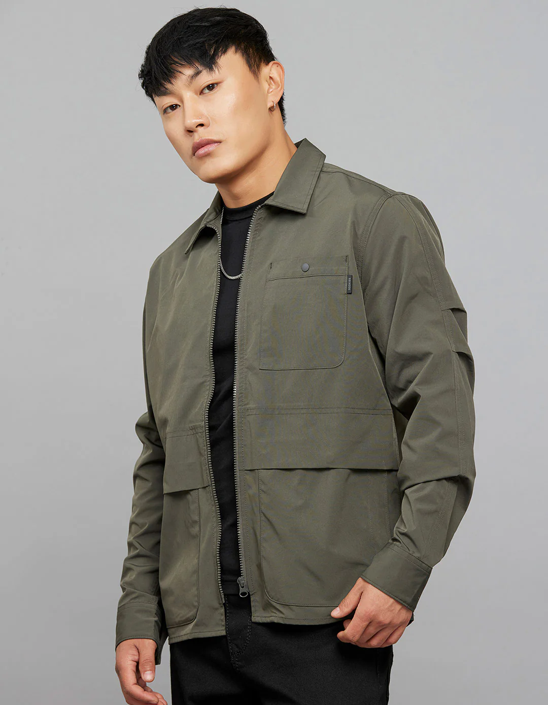 Military Green Full Sleeves Zipper Front Closure Shacket - Image 3