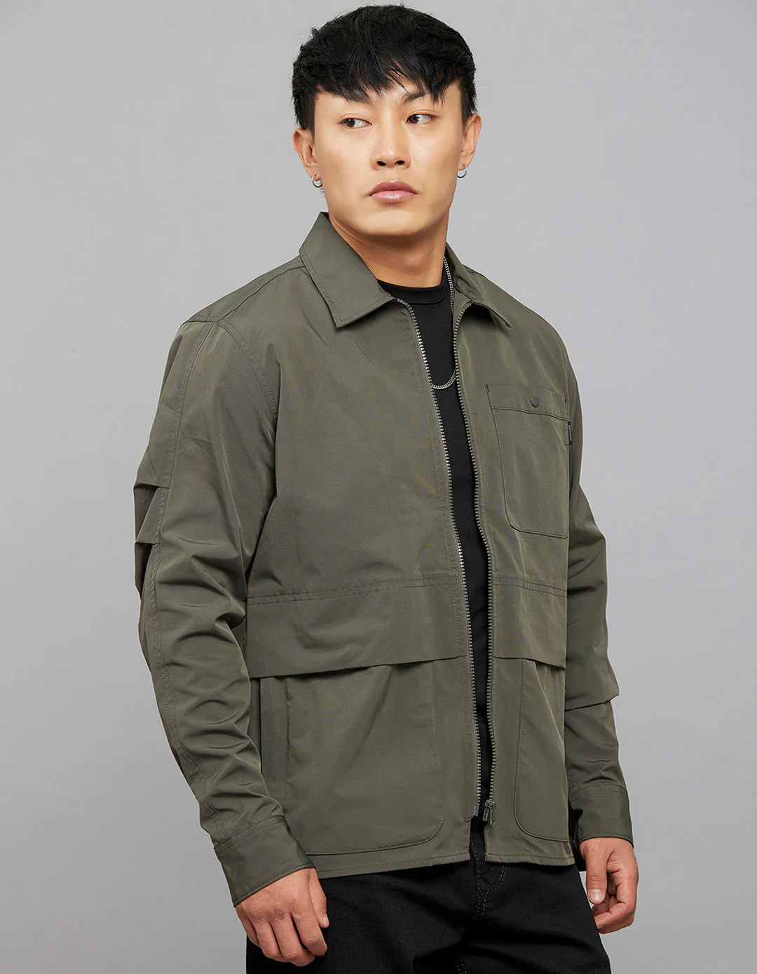 Military Green Full Sleeves Zipper Front Closure Shacket - Image 4