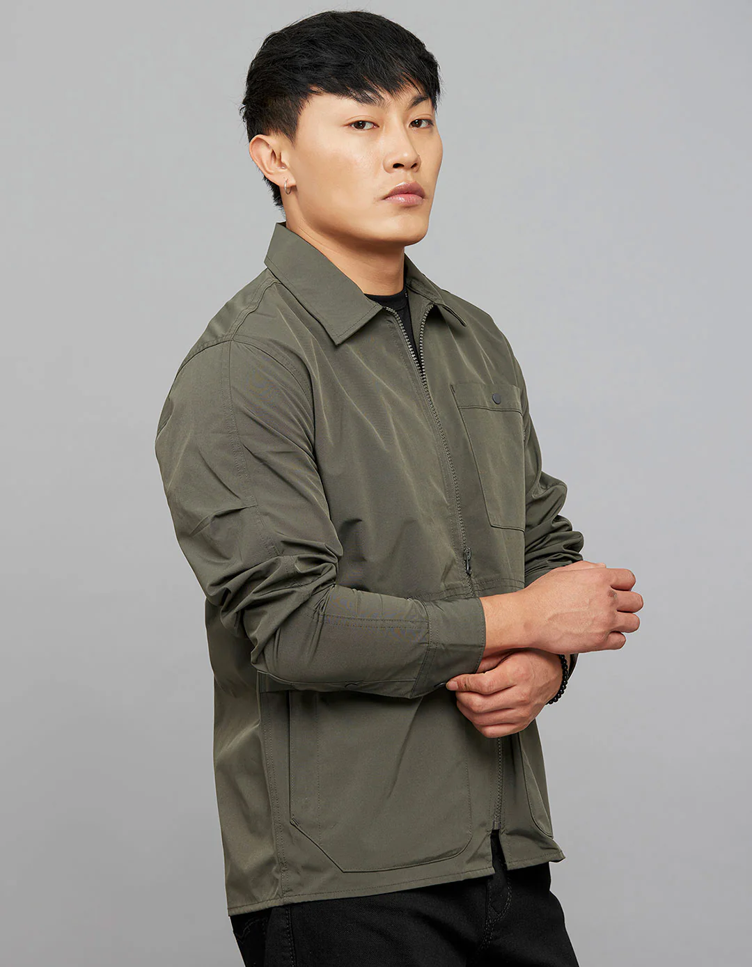 Military Green Full Sleeves Zipper Front Closure Shacket - Image 5