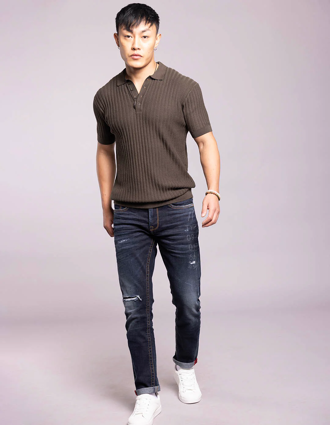 Military Green Half Sleeves Flatknit Polo Tee - Image 2