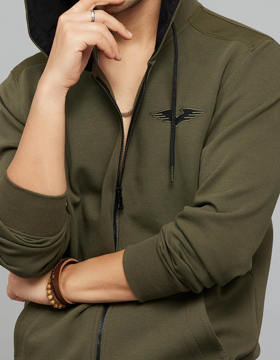 Military Green Zipper Front Full Sleeves Hoodie - Image 6