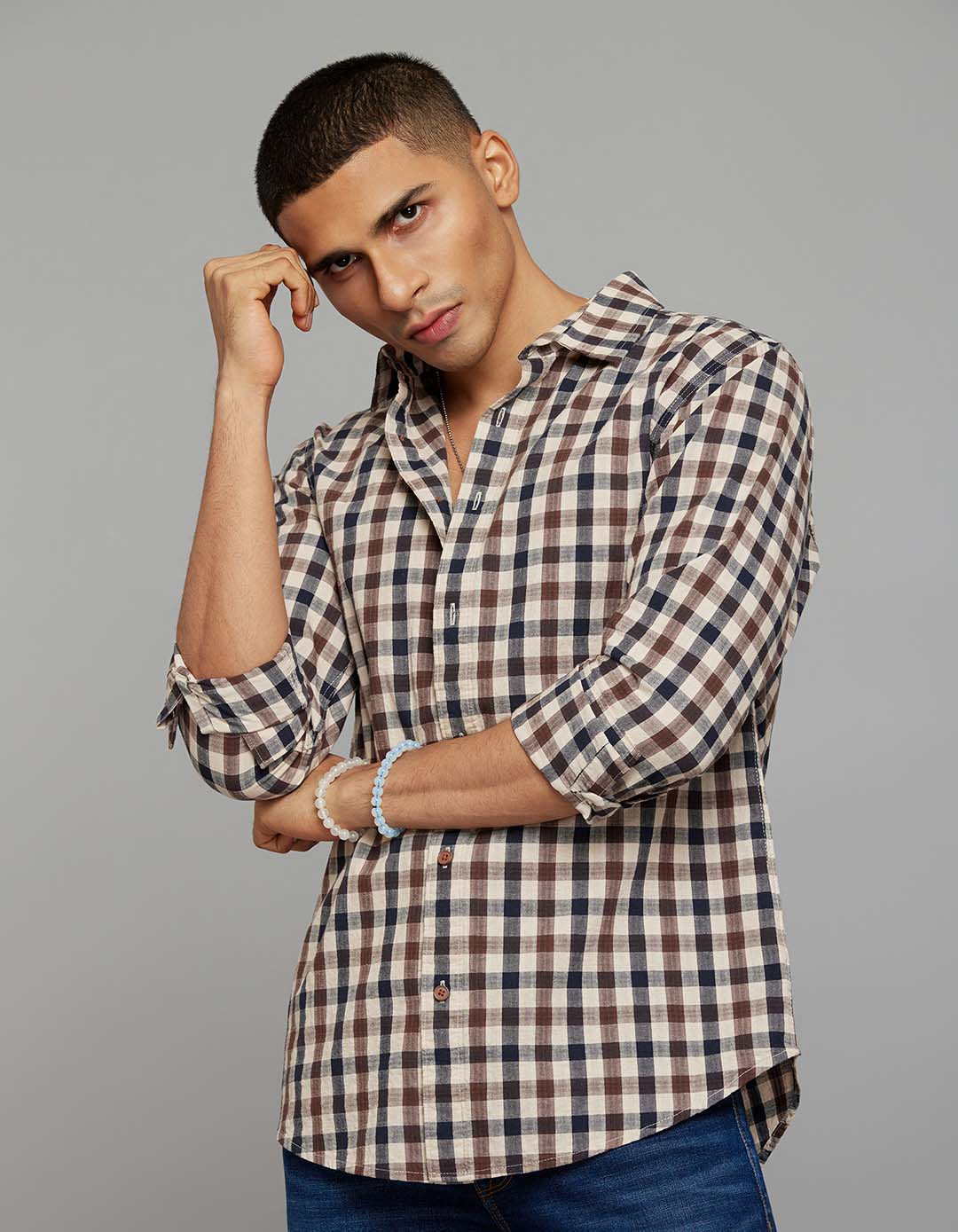 Navy Brown 100% Cotton Full Sleeves Check Shirt