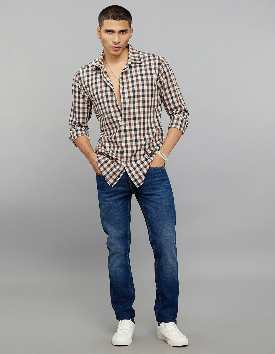 Navy Brown 100% Cotton Full Sleeves Check Shirt - Image 2