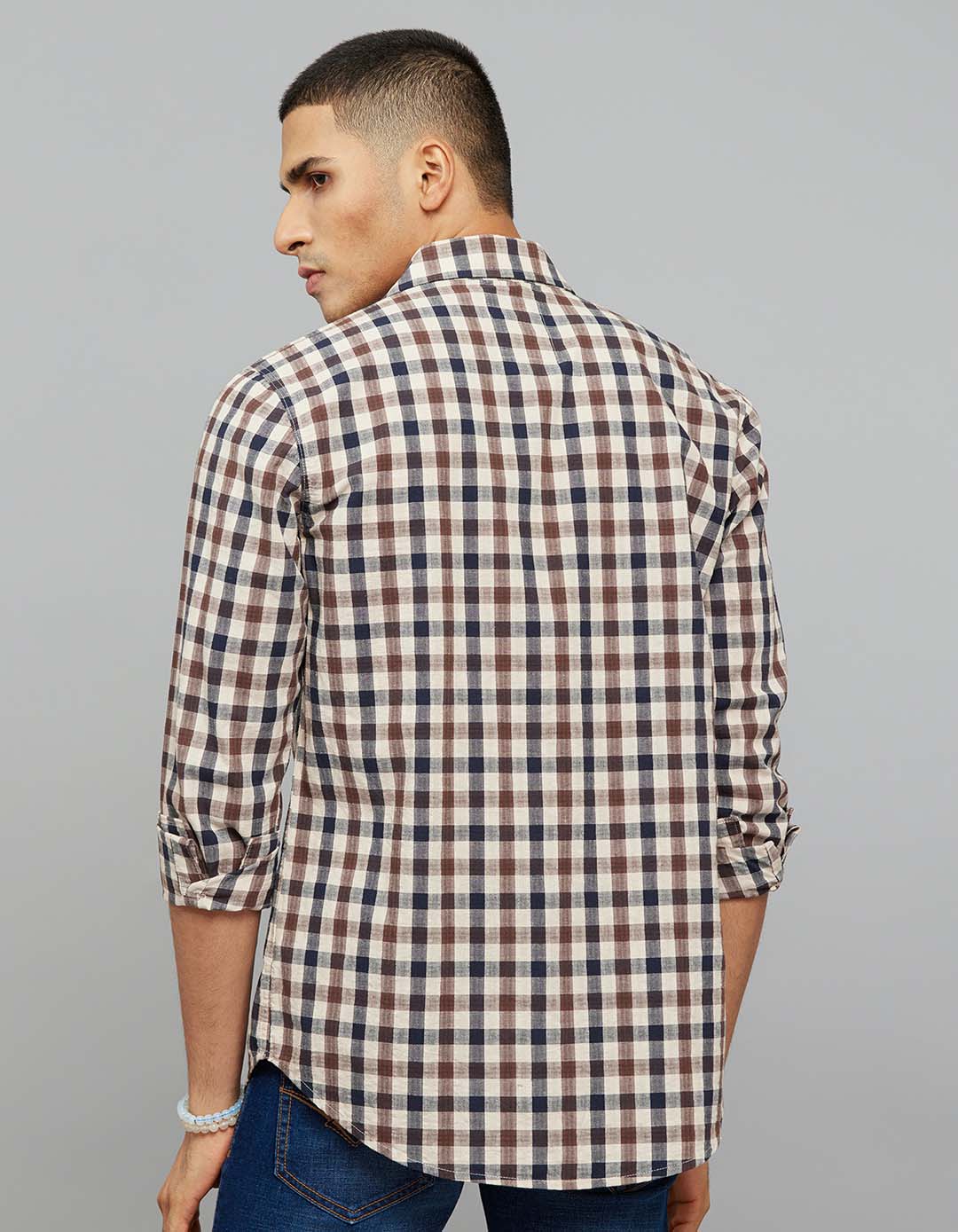 Navy Brown 100% Cotton Full Sleeves Check Shirt - Image 6