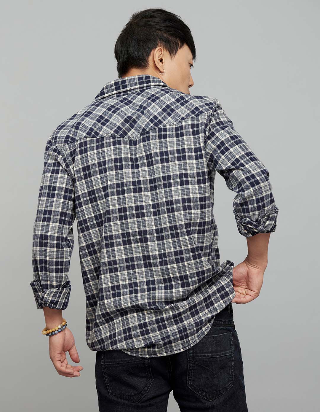 Navy Cream Full Sleeves Stretch Check Shirt - Image 5