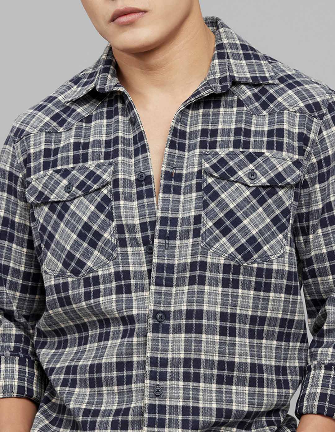 Navy Cream Full Sleeves Stretch Check Shirt - Image 7