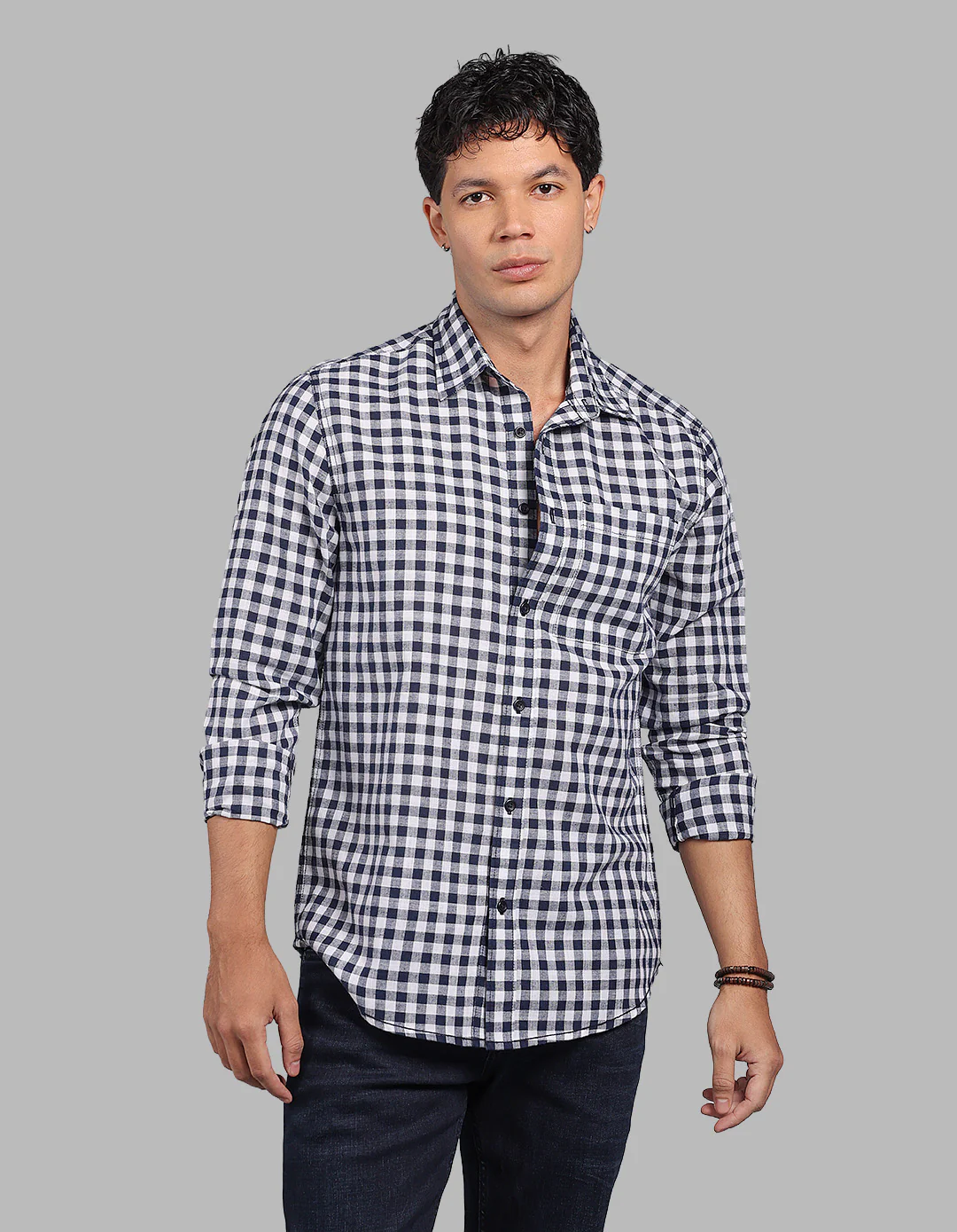 Navy Full Sleeve Linen Blend Check Shirt