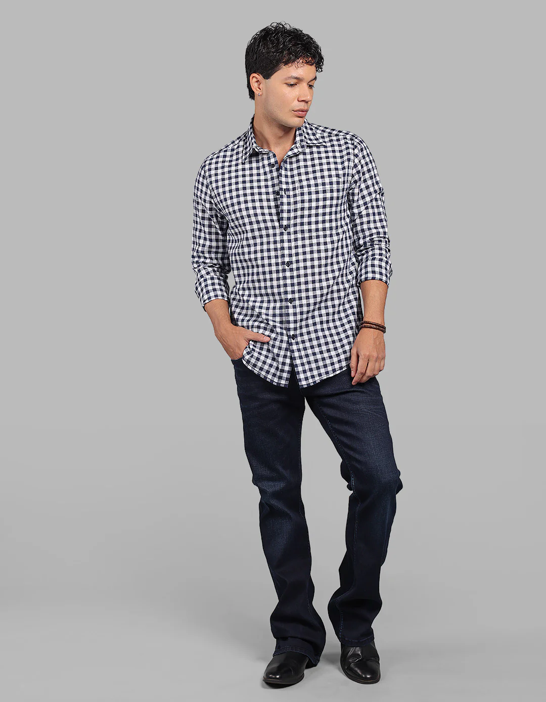 Navy Full Sleeve Linen Blend Check Shirt - Image 2