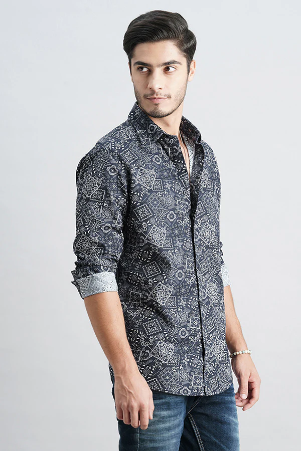 Navy Full Sleeve Printed Shirt - Image 3