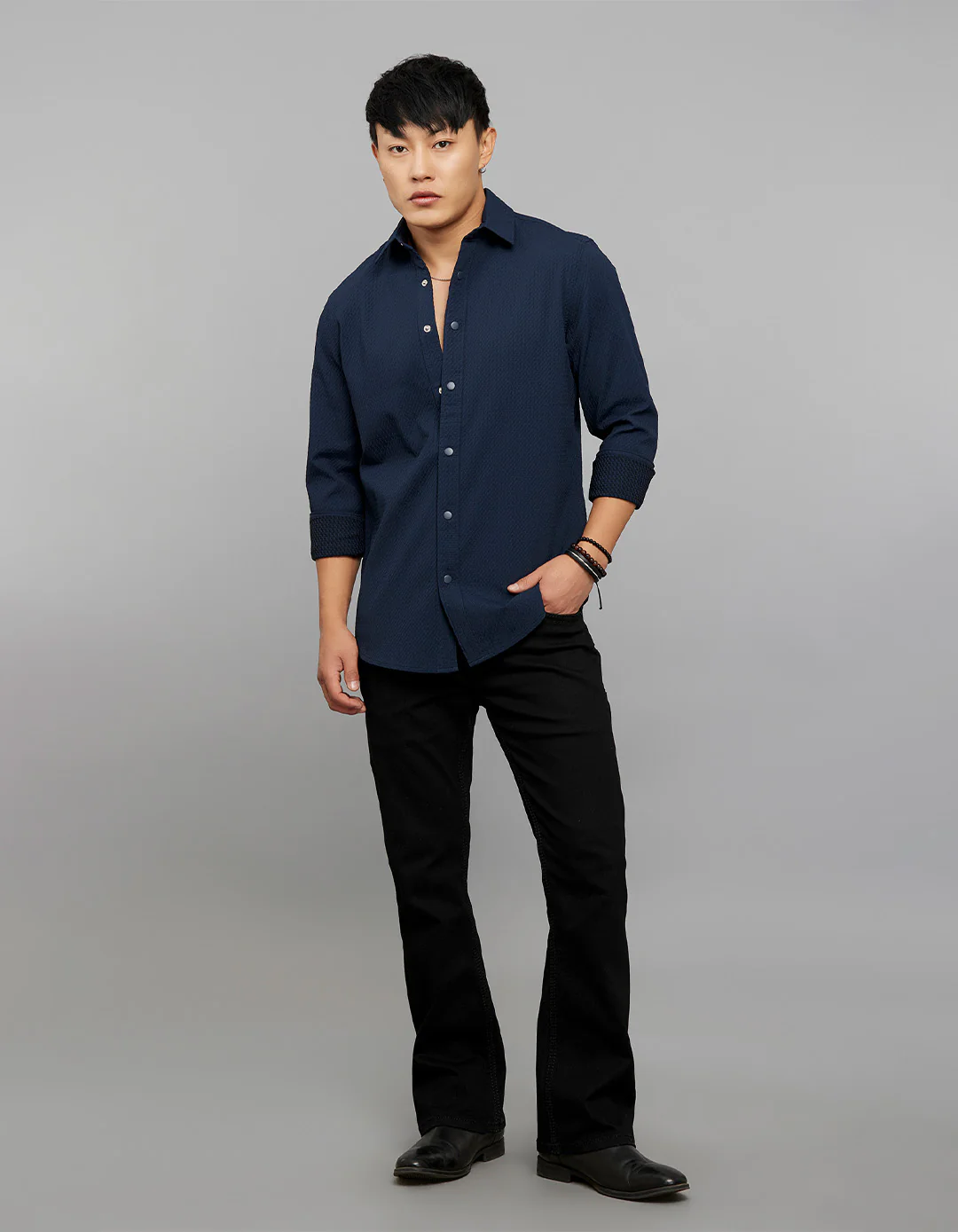 Navy Full Sleeves Texture Shirt - Image 2