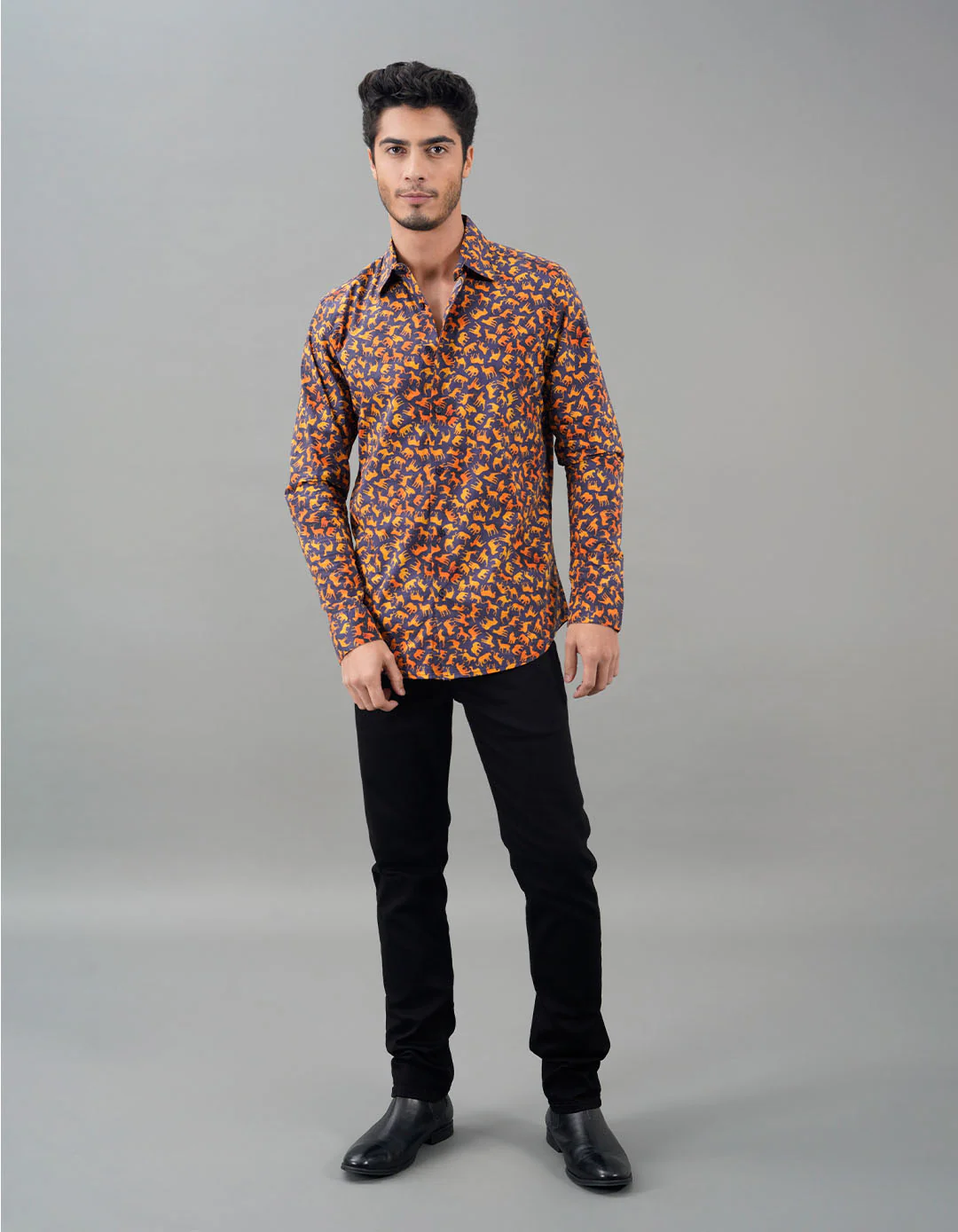 Navy Mustard Full Sleeves Printed Shirt - Image 2