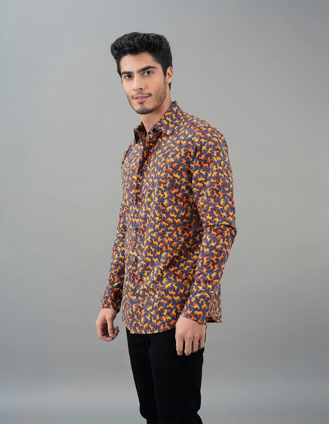 Navy Mustard Full Sleeves Printed Shirt - Image 3