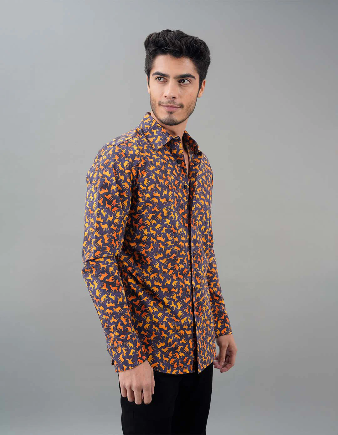 Navy Mustard Full Sleeves Printed Shirt - Image 4