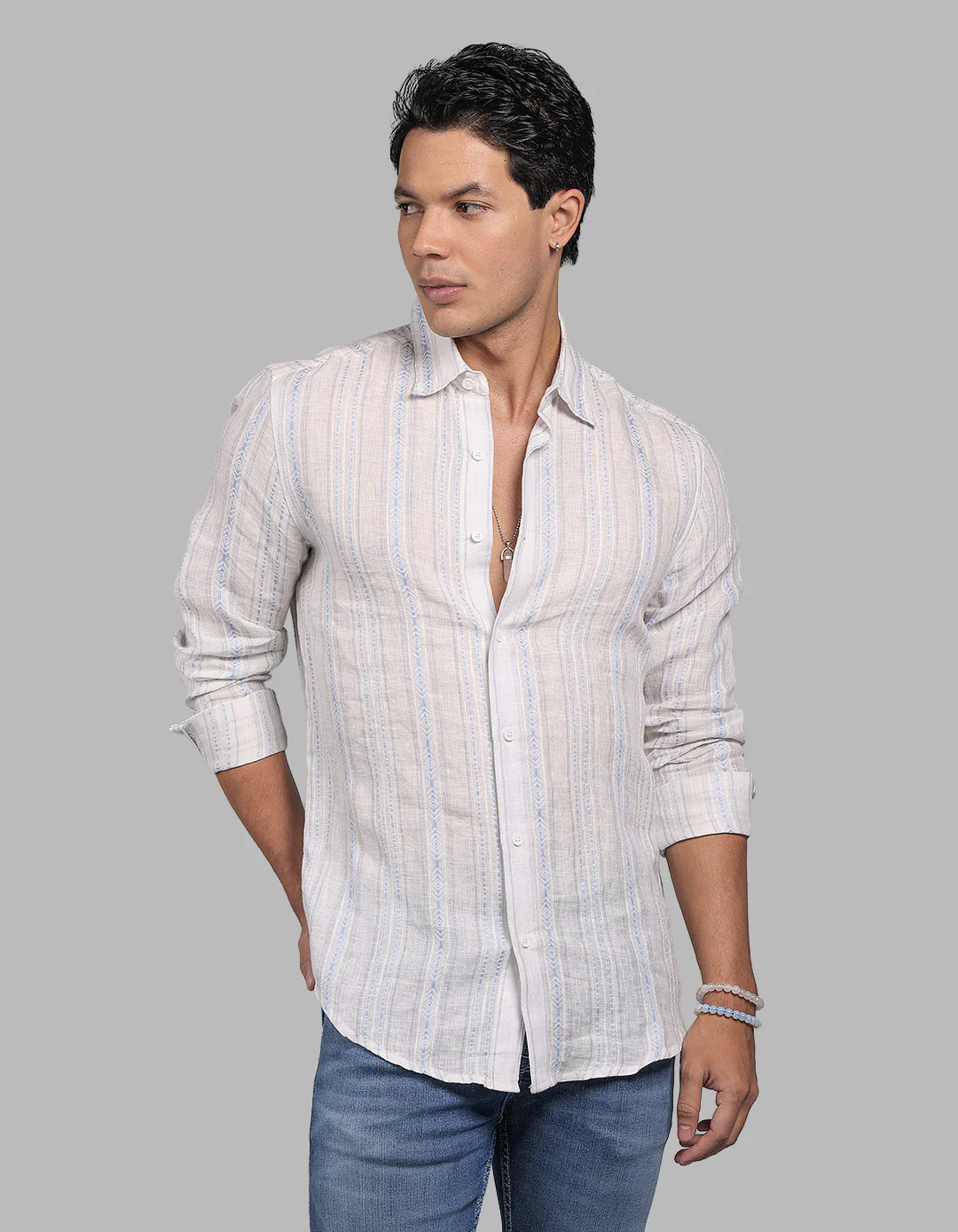 Off White Grey Full Sleeve Linen Blend Stripe Shirt - Image 2