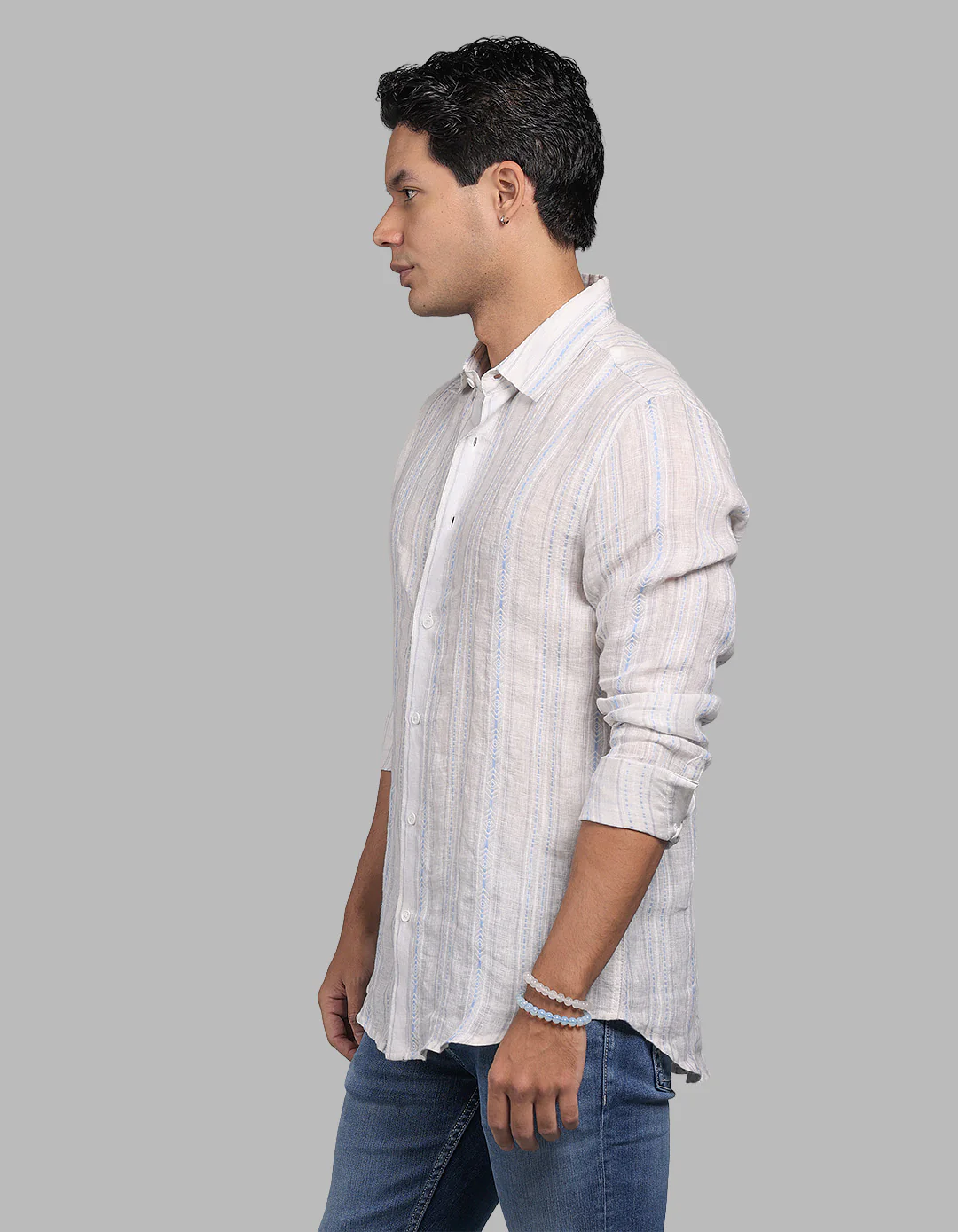 Off White Grey Full Sleeve Linen Blend Stripe Shirt - Image 3