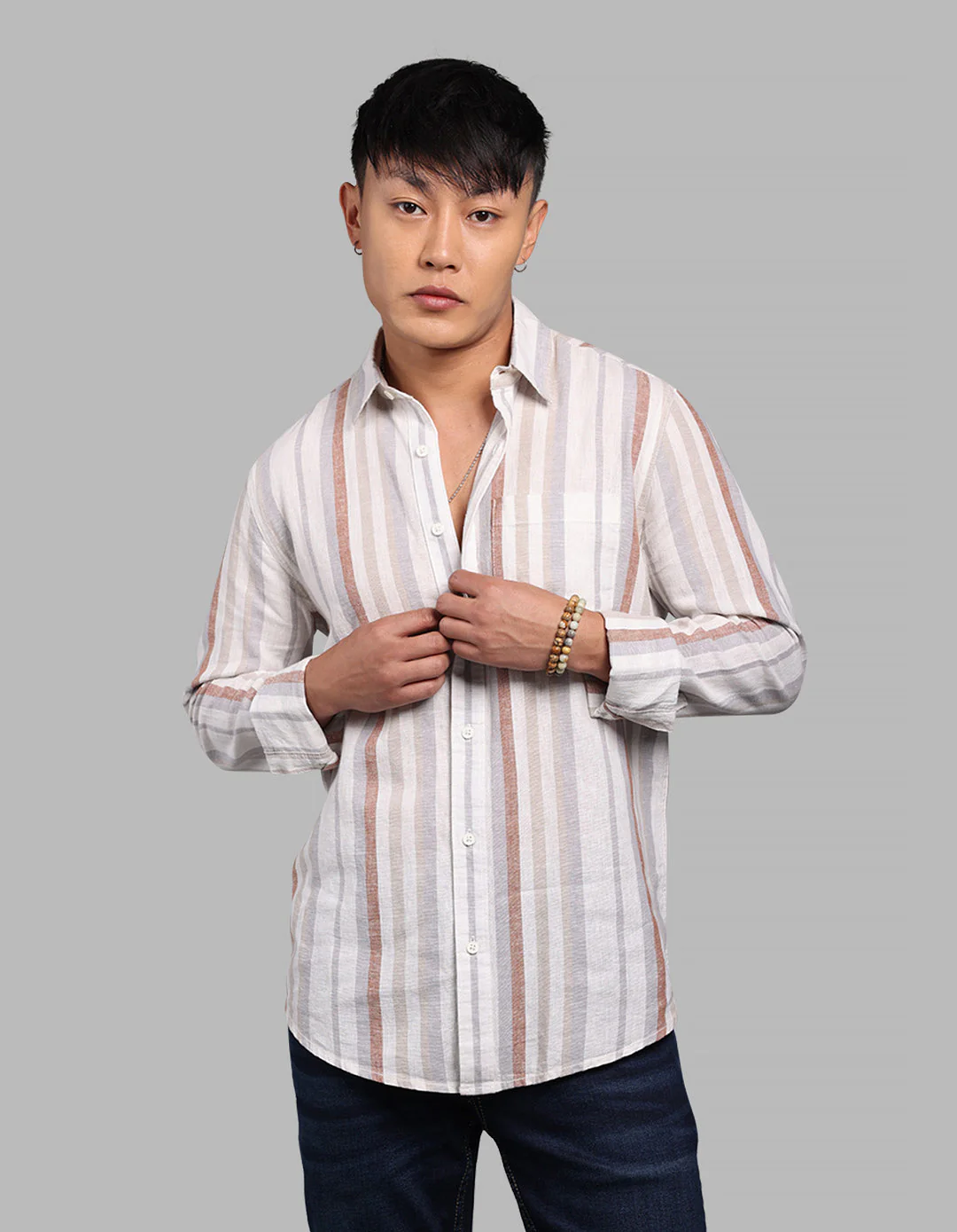 Off White Grey Full Sleeve Linen Blend Stripe Shirt