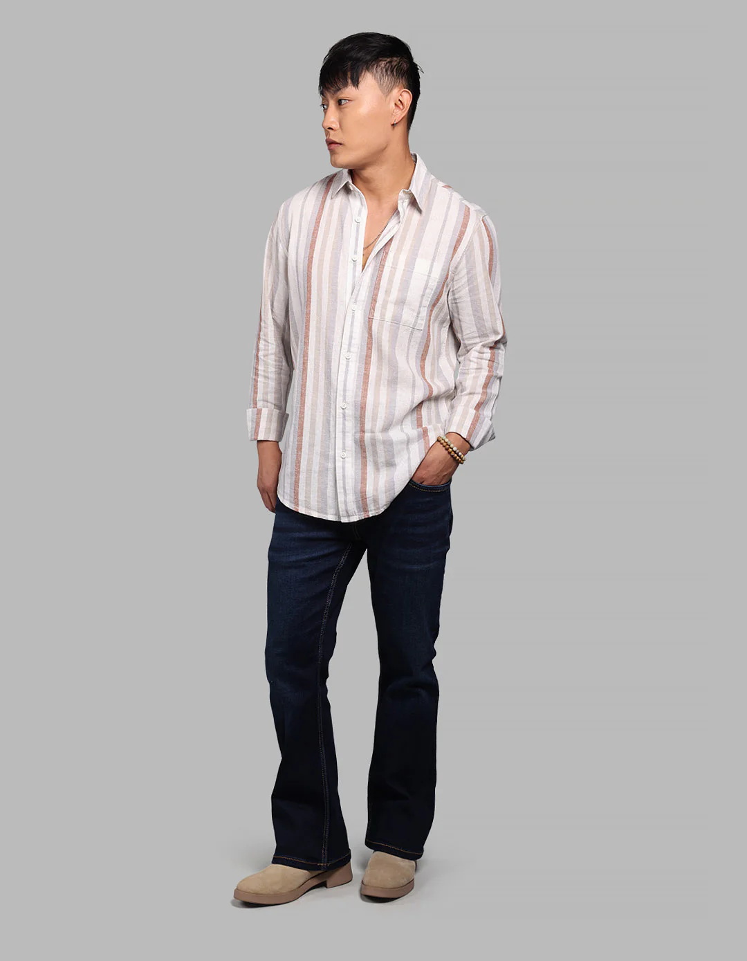 Off White Grey Full Sleeve Linen Blend Stripe Shirt - Image 2