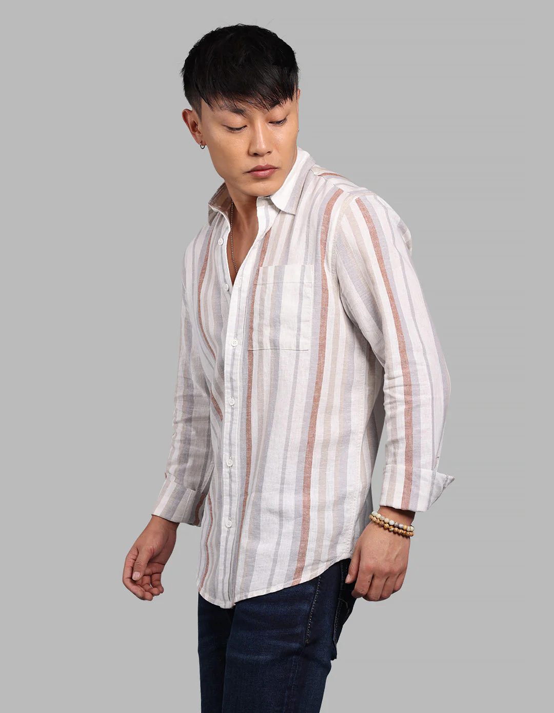 Off White Grey Full Sleeve Linen Blend Stripe Shirt - Image 3