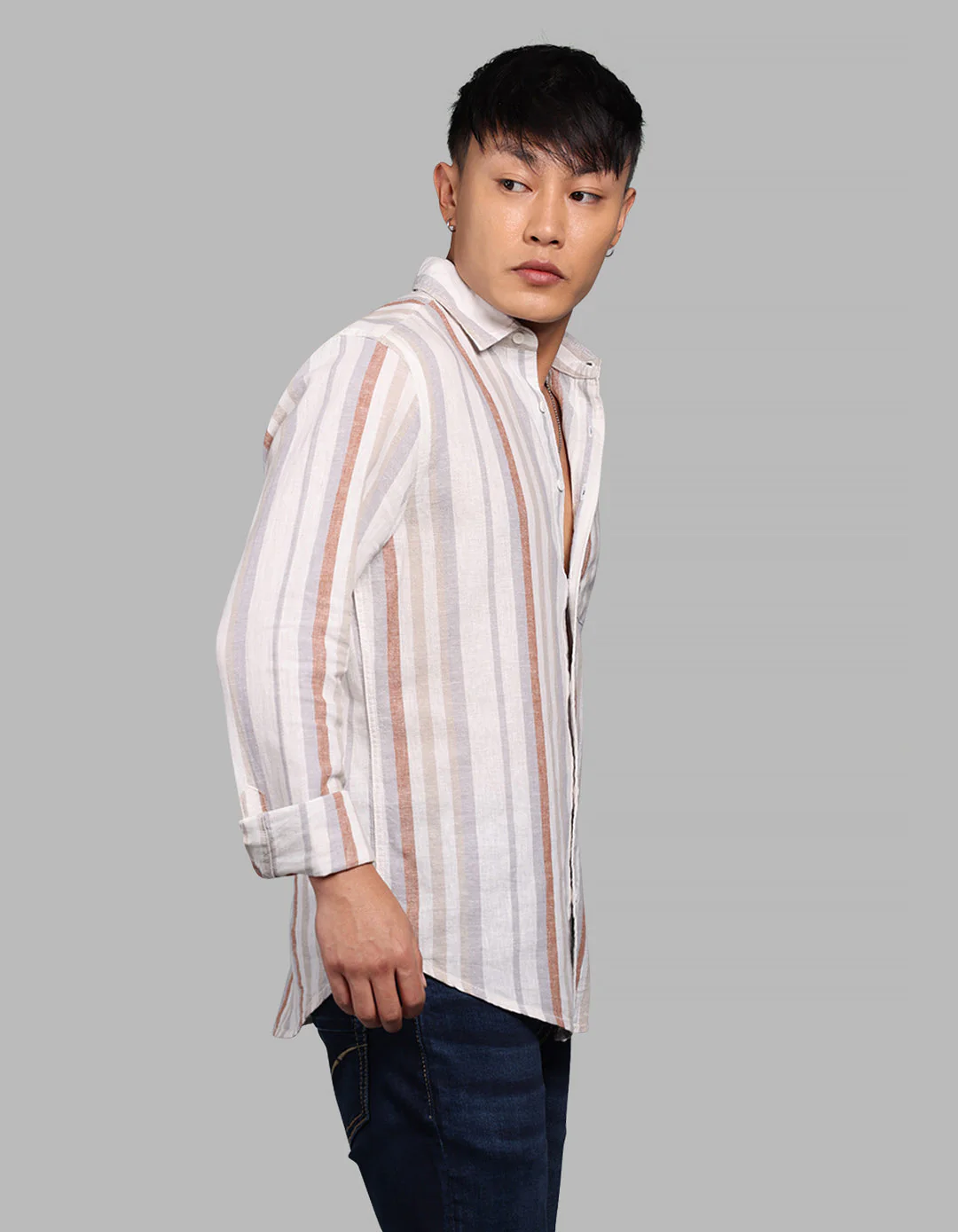 Off White Grey Full Sleeve Linen Blend Stripe Shirt - Image 4