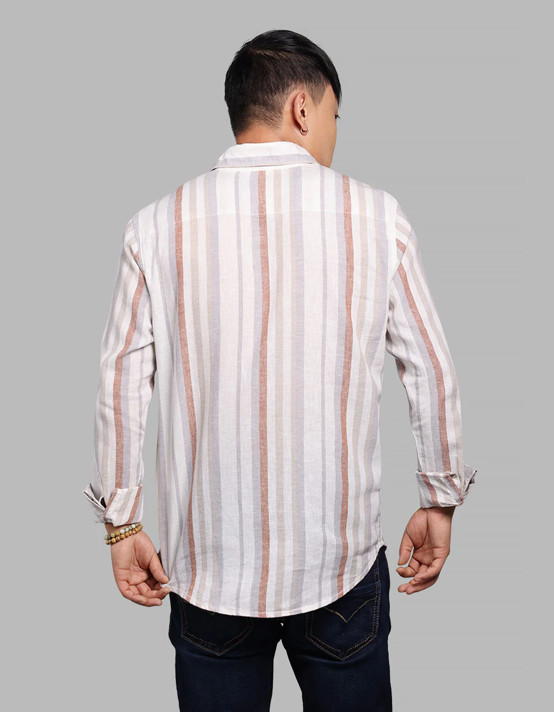 Off White Grey Full Sleeve Linen Blend Stripe Shirt - Image 5