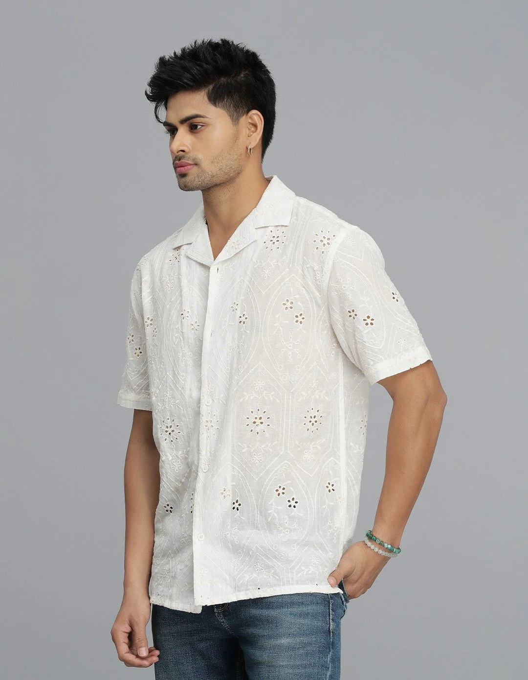 Off White Half Sleeves Textured Dobby Shirt - Image 3