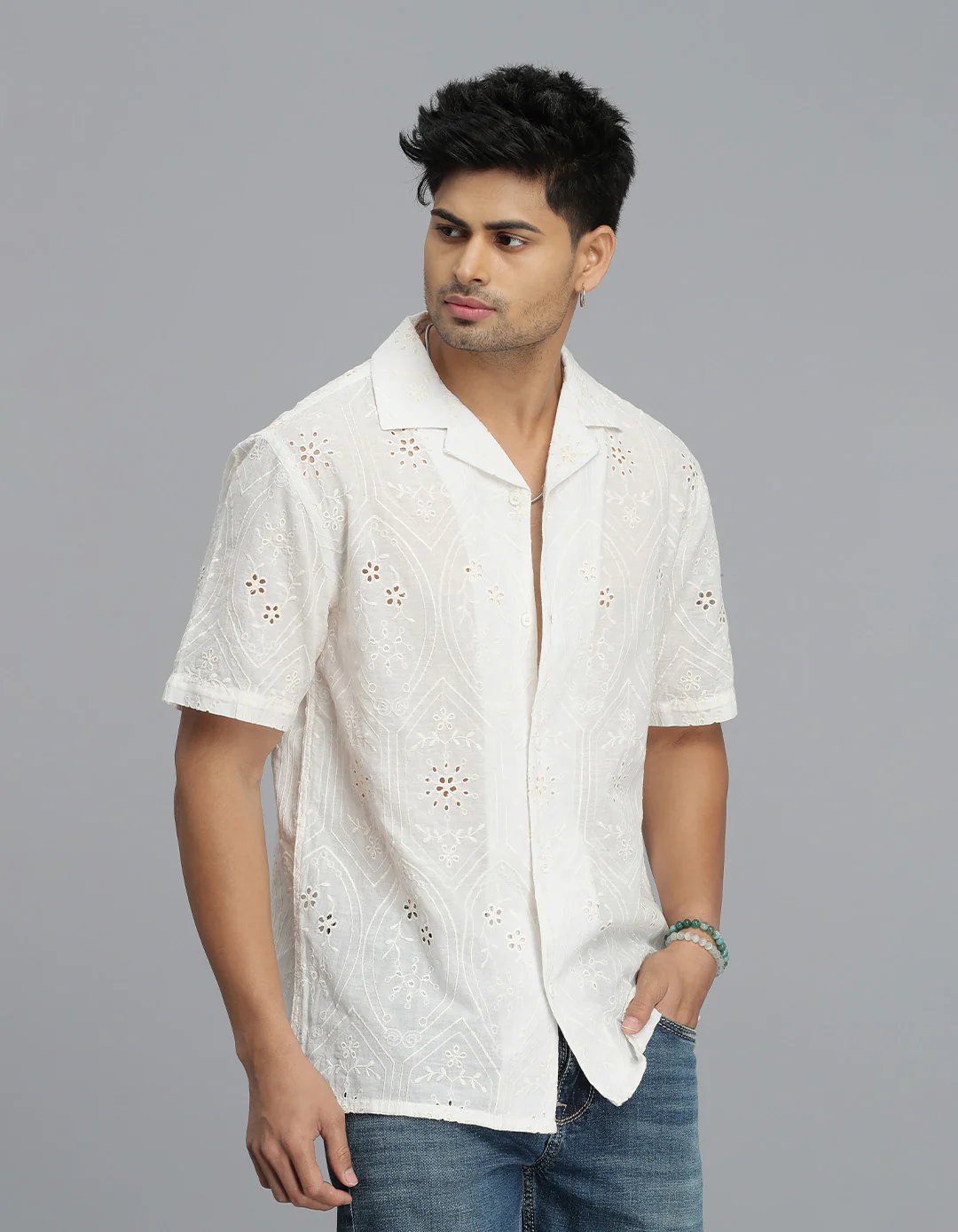 Off White Half Sleeves Textured Dobby Shirt - Image 4