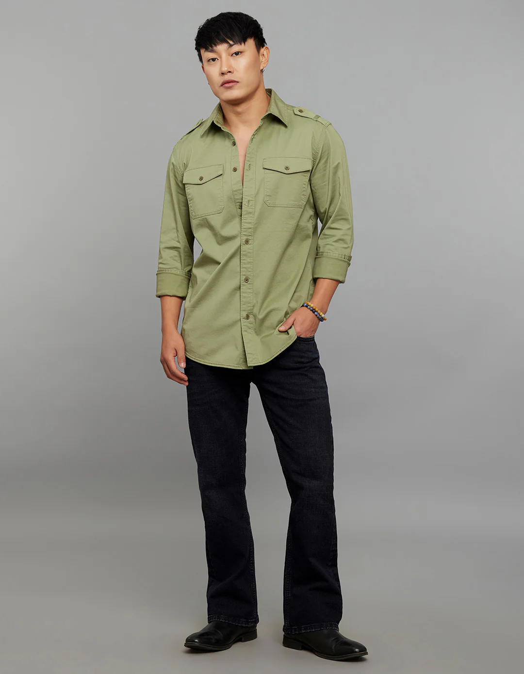 Oil Green Full Sleeves Cargo Shirt - Image 2