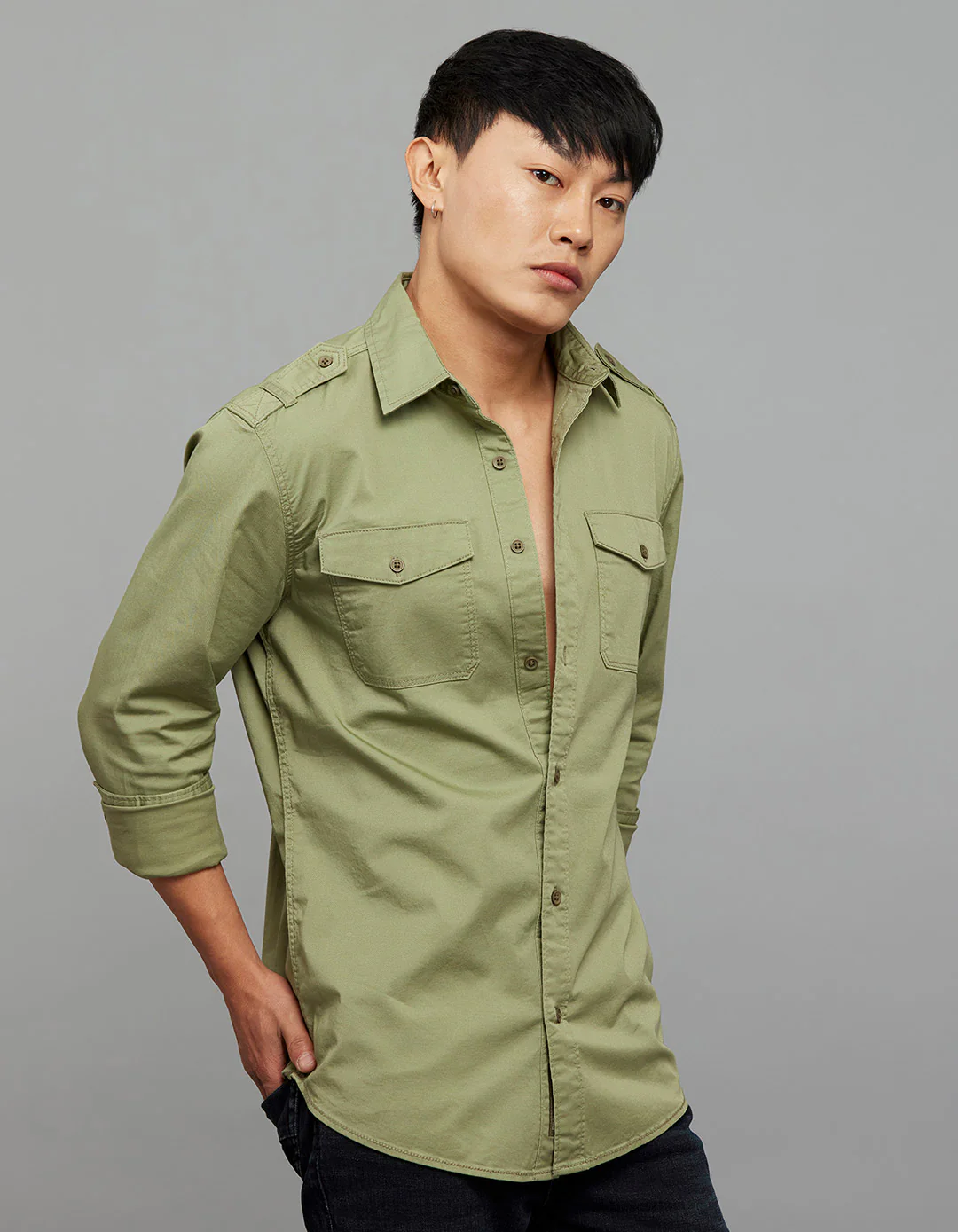 Oil Green Full Sleeves Cargo Shirt - Image 4