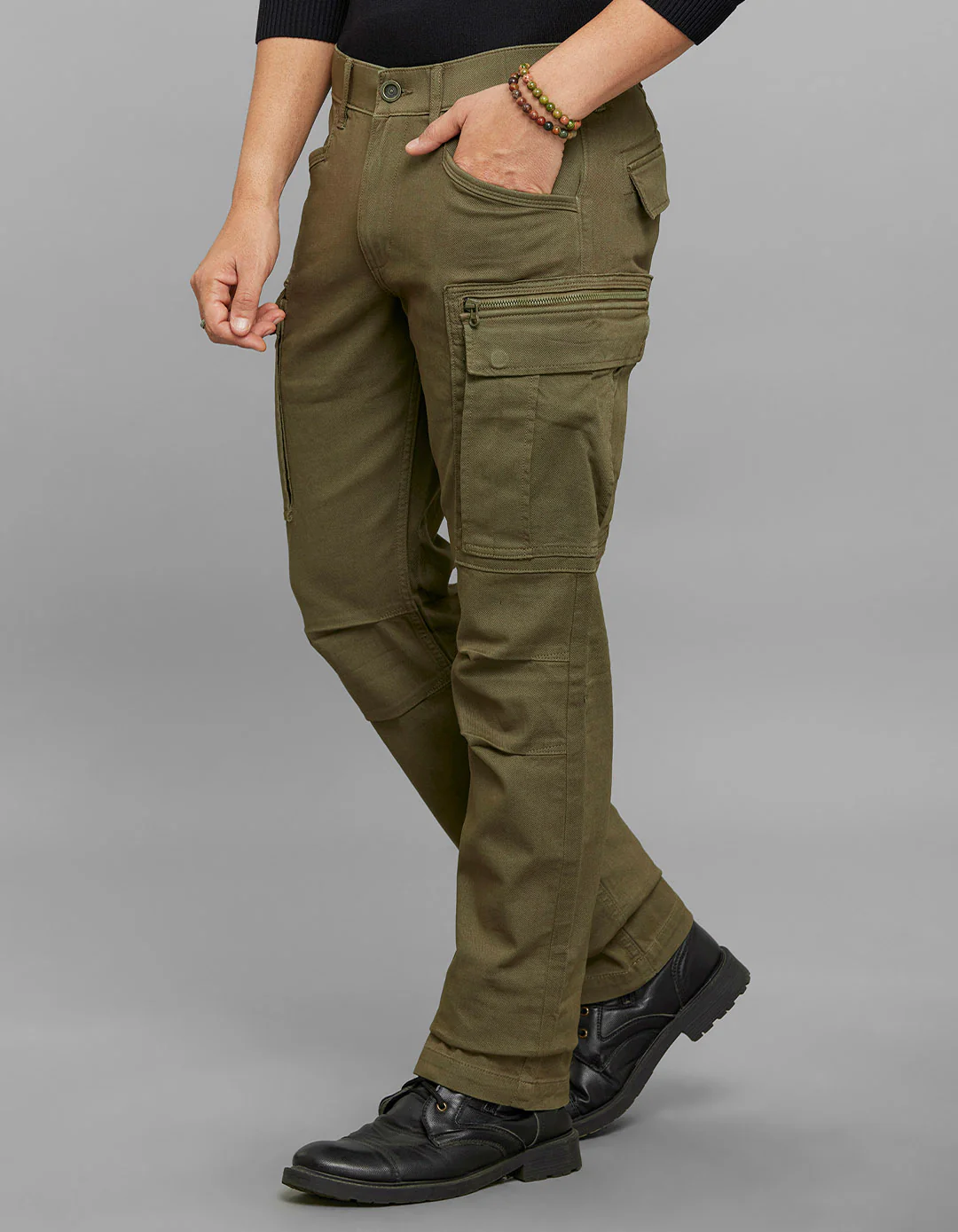 Olive Comfort Straight Fit Stretch Cargo Pants - Image 3
