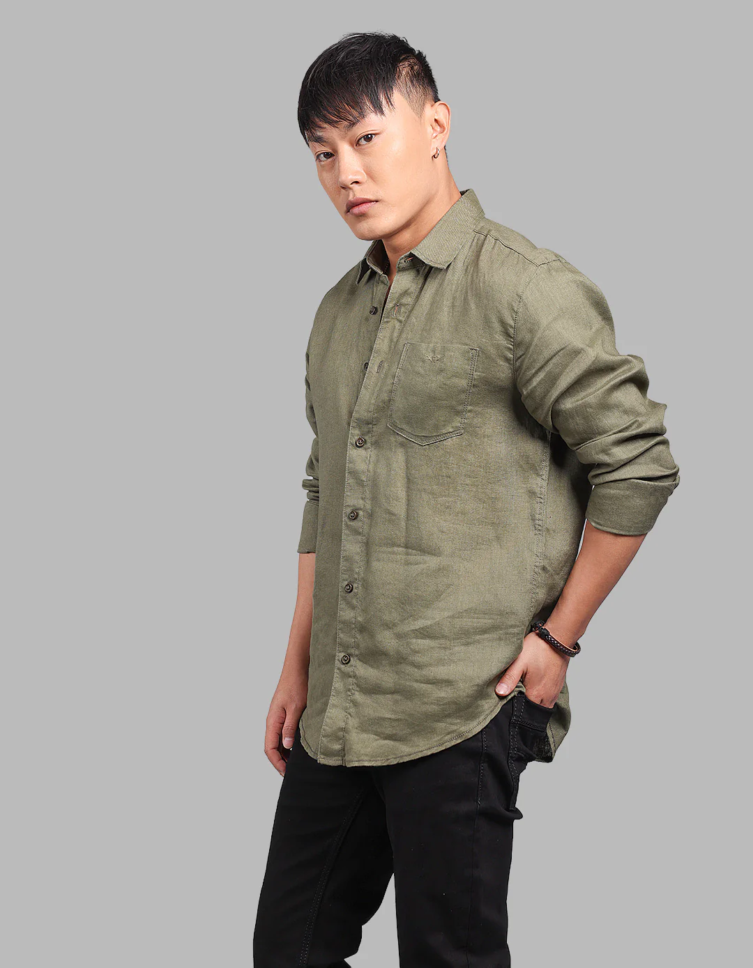 Olive Full Sleeve 100% Linen Shirt - Image 3